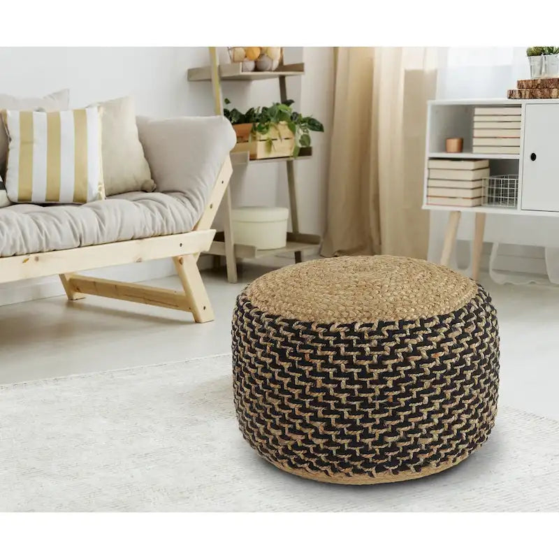 Pouf Ottomano Rotondo Intrecciato Marrone e Nero da 18 pollici