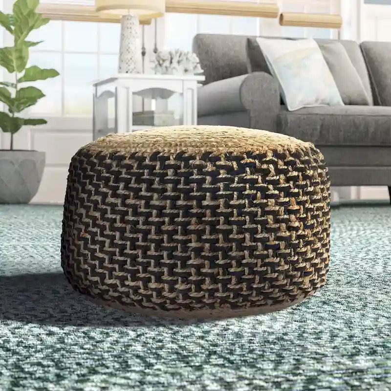 Pouf Ottomano Rotondo Intrecciato Marrone e Nero da 18 pollici