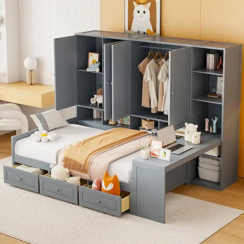 Struttura per letto a giorno in legno con libreria all-in-one, letto a capitano con armadio contenitore, armadio, scrivania laterale e 3 cassetti inferiori