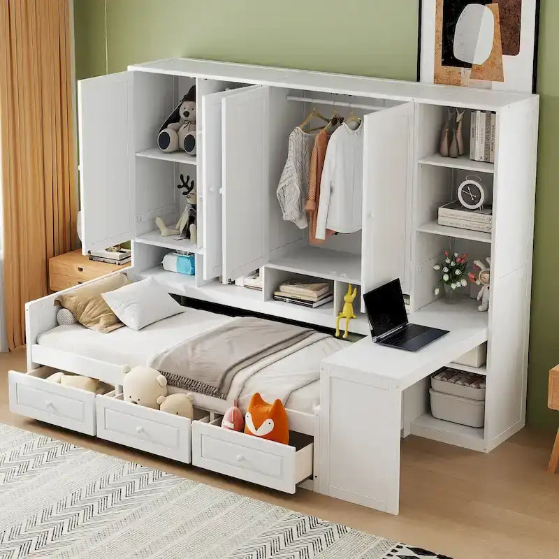 Struttura per letto a giorno in legno con libreria all-in-one, letto a capitano con armadio contenitore, armadio, scrivania laterale e 3 cassetti inferiori