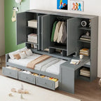 Struttura per letto a giorno in legno con libreria all-in-one, letto a capitano con armadio contenitore, armadio, scrivania laterale e 3 cassetti inferiori
