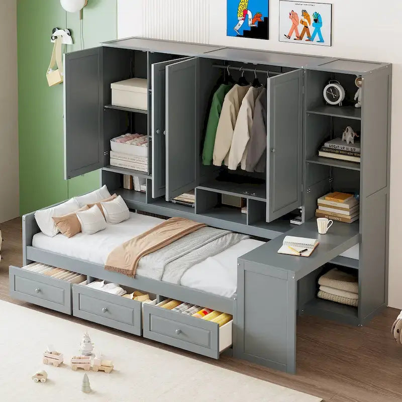 Struttura per letto a giorno in legno con libreria all-in-one, letto a capitano con armadio contenitore, armadio, scrivania laterale e 3 cassetti inferiori