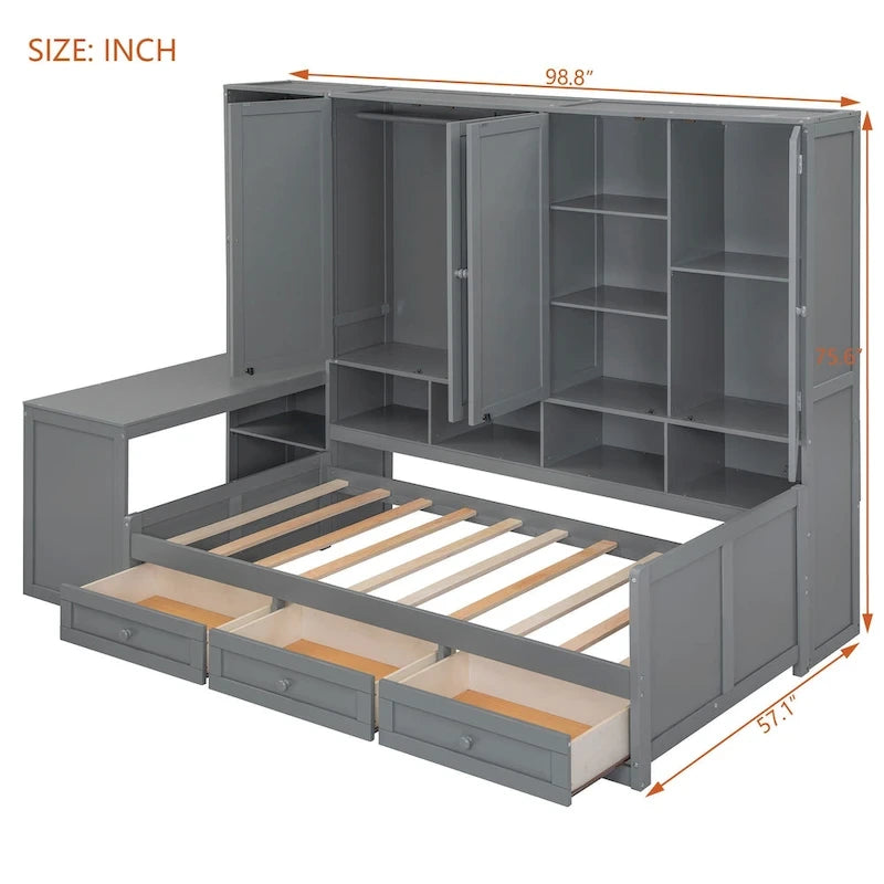 Struttura per letto a giorno in legno con libreria all-in-one, letto a capitano con armadio contenitore, armadio, scrivania laterale e 3 cassetti inferiori
