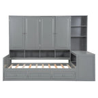 Struttura per letto a giorno in legno con libreria all-in-one, letto a capitano con armadio contenitore, armadio, scrivania laterale e 3 cassetti inferiori