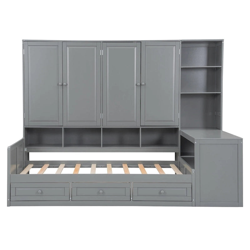 Struttura per letto a giorno in legno con libreria all-in-one, letto a capitano con armadio contenitore, armadio, scrivania laterale e 3 cassetti inferiori