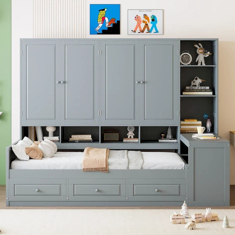 Struttura per letto a giorno in legno con libreria all-in-one, letto a capitano con armadio contenitore, armadio, scrivania laterale e 3 cassetti inferiori