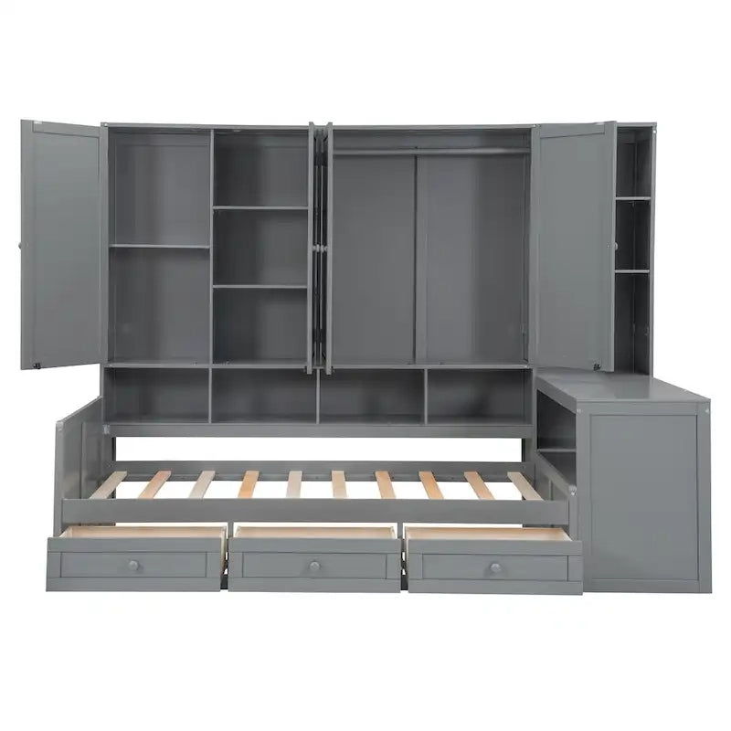 Struttura per letto a giorno in legno con libreria all-in-one, letto a capitano con armadio contenitore, armadio, scrivania laterale e 3 cassetti inferiori