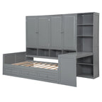 Struttura per letto a giorno in legno con libreria all-in-one, letto a capitano con armadio contenitore, armadio, scrivania laterale e 3 cassetti inferiori