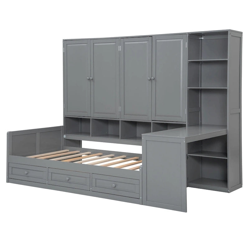 Struttura per letto a giorno in legno con libreria all-in-one, letto a capitano con armadio contenitore, armadio, scrivania laterale e 3 cassetti inferiori