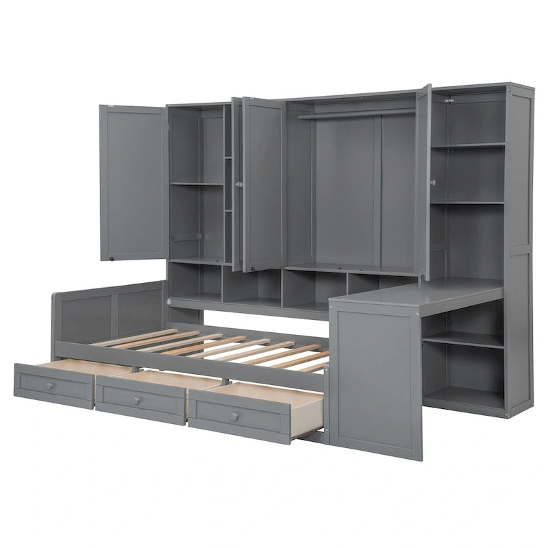 Struttura per letto a giorno in legno con libreria all-in-one, letto a capitano con armadio contenitore, armadio, scrivania laterale e 3 cassetti inferiori
