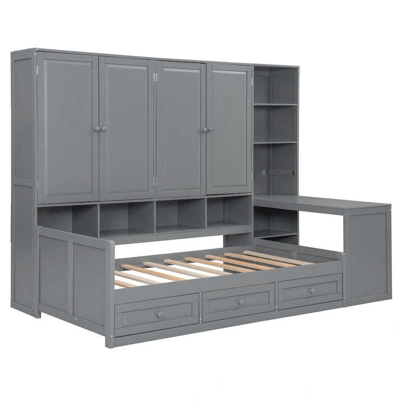 Struttura per letto a giorno in legno con libreria all-in-one, letto a capitano con armadio contenitore, armadio, scrivania laterale e 3 cassetti inferiori