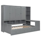 Struttura per letto a giorno in legno con libreria all-in-one, letto a capitano con armadio contenitore, armadio, scrivania laterale e 3 cassetti inferiori