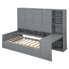 Struttura per letto a giorno in legno con libreria all-in-one, letto a capitano con armadio contenitore, armadio, scrivania laterale e 3 cassetti inferiori