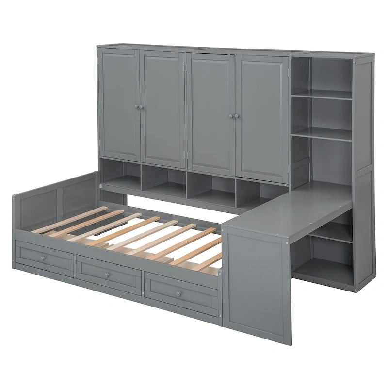 Struttura per letto a giorno in legno con libreria all-in-one, letto a capitano con armadio contenitore, armadio, scrivania laterale e 3 cassetti inferiori