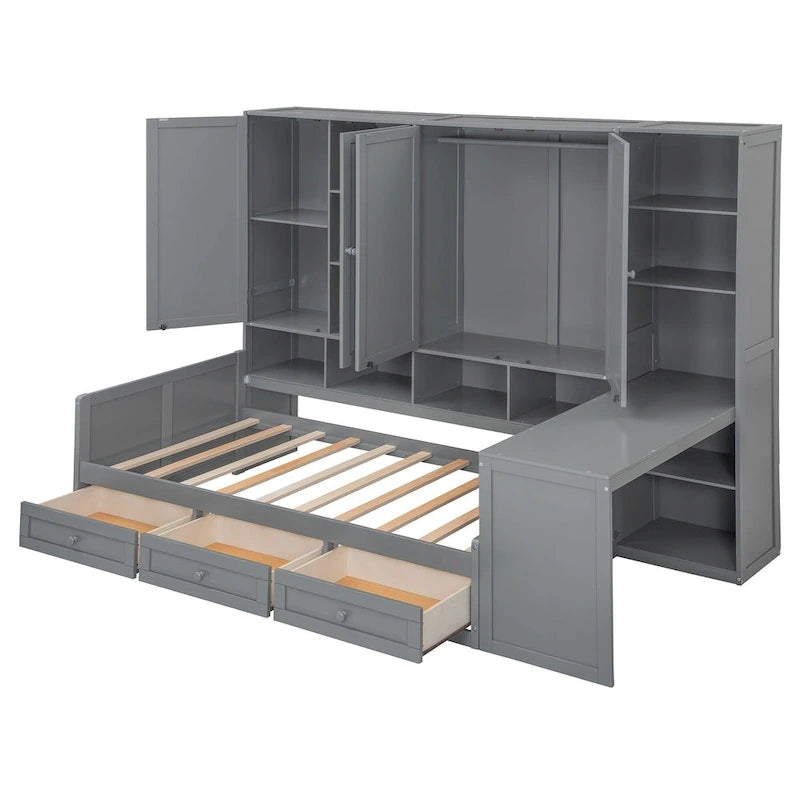 Struttura per letto a giorno in legno con libreria all-in-one, letto a capitano con armadio contenitore, armadio, scrivania laterale e 3 cassetti inferiori