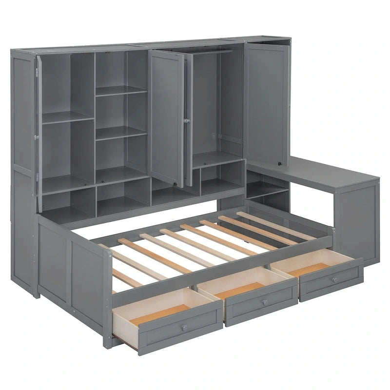 Struttura per letto a giorno in legno con libreria all-in-one, letto a capitano con armadio contenitore, armadio, scrivania laterale e 3 cassetti inferiori