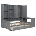 Struttura per letto a giorno in legno con libreria all-in-one, letto a capitano con armadio contenitore, armadio, scrivania laterale e 3 cassetti inferiori