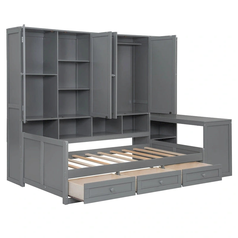 Struttura per letto a giorno in legno con libreria all-in-one, letto a capitano con armadio contenitore, armadio, scrivania laterale e 3 cassetti inferiori