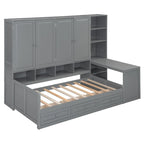 Struttura per letto a giorno in legno con libreria all-in-one, letto a capitano con armadio contenitore, armadio, scrivania laterale e 3 cassetti inferiori