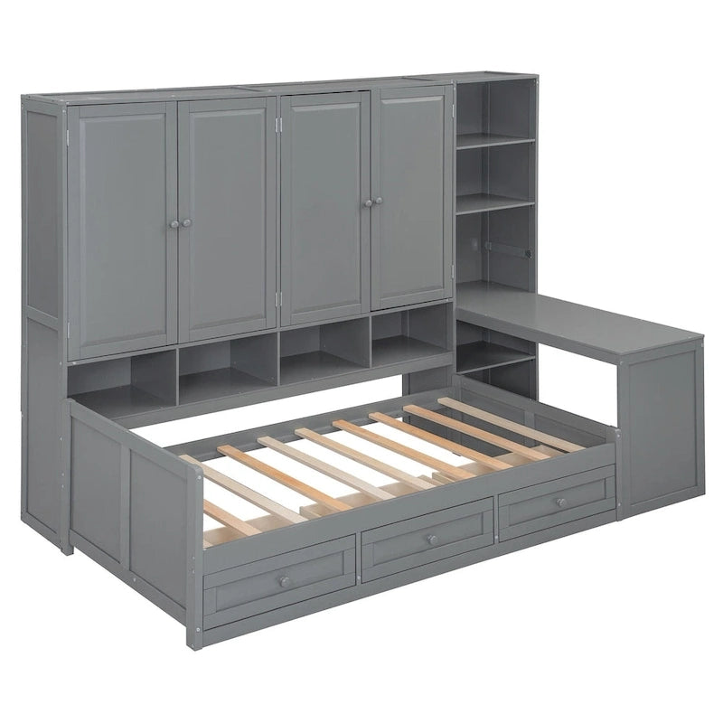 Struttura per letto a giorno in legno con libreria all-in-one, letto a capitano con armadio contenitore, armadio, scrivania laterale e 3 cassetti inferiori