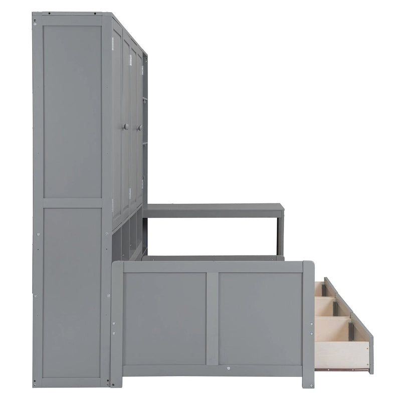 Struttura per letto a giorno in legno con libreria all-in-one, letto a capitano con armadio contenitore, armadio, scrivania laterale e 3 cassetti inferiori