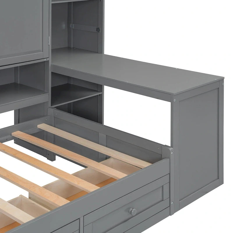 Struttura per letto a giorno in legno con libreria all-in-one, letto a capitano con armadio contenitore, armadio, scrivania laterale e 3 cassetti inferiori