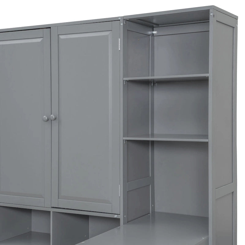 Struttura per letto a giorno in legno con libreria all-in-one, letto a capitano con armadio contenitore, armadio, scrivania laterale e 3 cassetti inferiori
