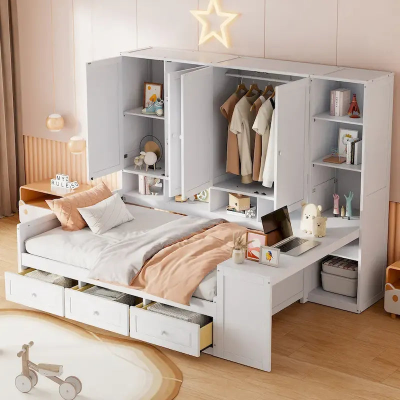 Struttura per letto a giorno in legno con libreria all-in-one, letto a capitano con armadio contenitore, armadio, scrivania laterale e 3 cassetti inferiori