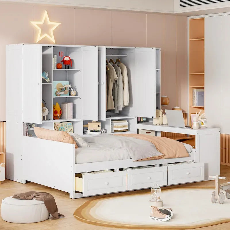 Struttura per letto a giorno in legno con libreria all-in-one, letto a capitano con armadio contenitore, armadio, scrivania laterale e 3 cassetti inferiori