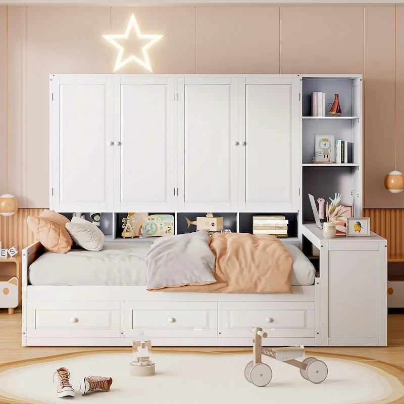 Struttura per letto a giorno in legno con libreria all-in-one, letto a capitano con armadio contenitore, armadio, scrivania laterale e 3 cassetti inferiori