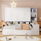 Struttura per letto a giorno in legno con libreria all-in-one, letto a capitano con armadio contenitore, armadio, scrivania laterale e 3 cassetti inferiori