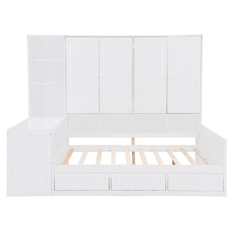 Struttura per letto a giorno in legno con libreria all-in-one, letto a capitano con armadio contenitore, armadio, scrivania laterale e 3 cassetti inferiori