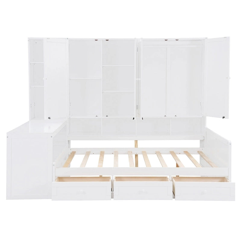 Struttura per letto a giorno in legno con libreria all-in-one, letto a capitano con armadio contenitore, armadio, scrivania laterale e 3 cassetti inferiori