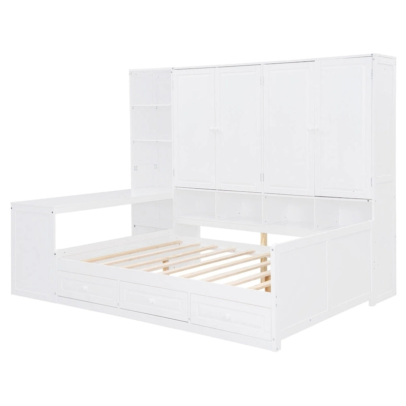 Struttura per letto a giorno in legno con libreria all-in-one, letto a capitano con armadio contenitore, armadio, scrivania laterale e 3 cassetti inferiori