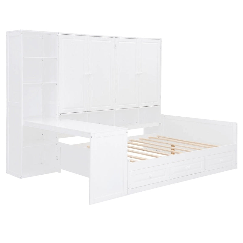 Struttura per letto a giorno in legno con libreria all-in-one, letto a capitano con armadio contenitore, armadio, scrivania laterale e 3 cassetti inferiori
