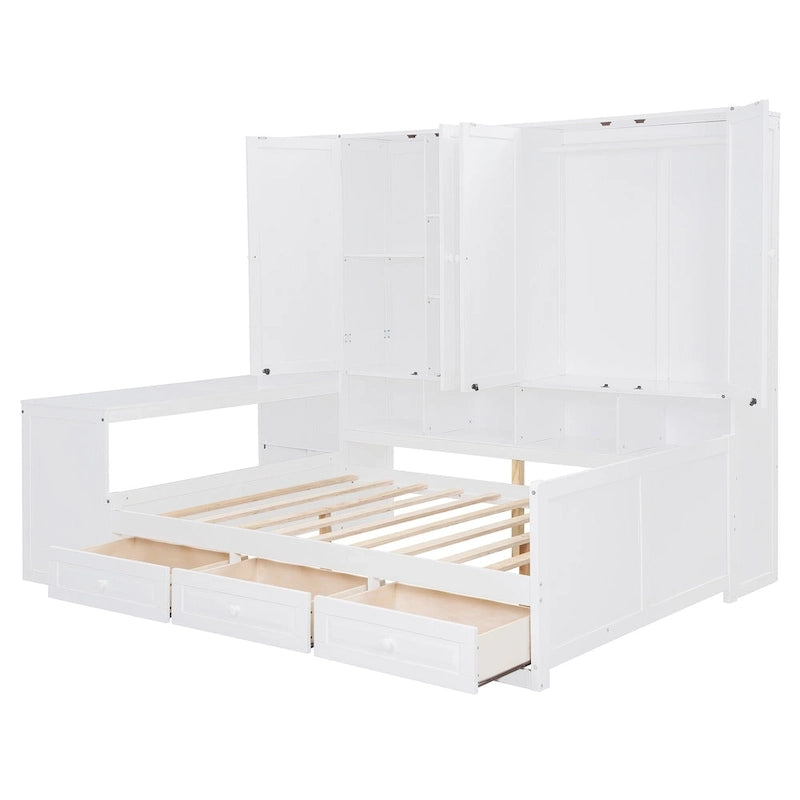 Struttura per letto a giorno in legno con libreria all-in-one, letto a capitano con armadio contenitore, armadio, scrivania laterale e 3 cassetti inferiori
