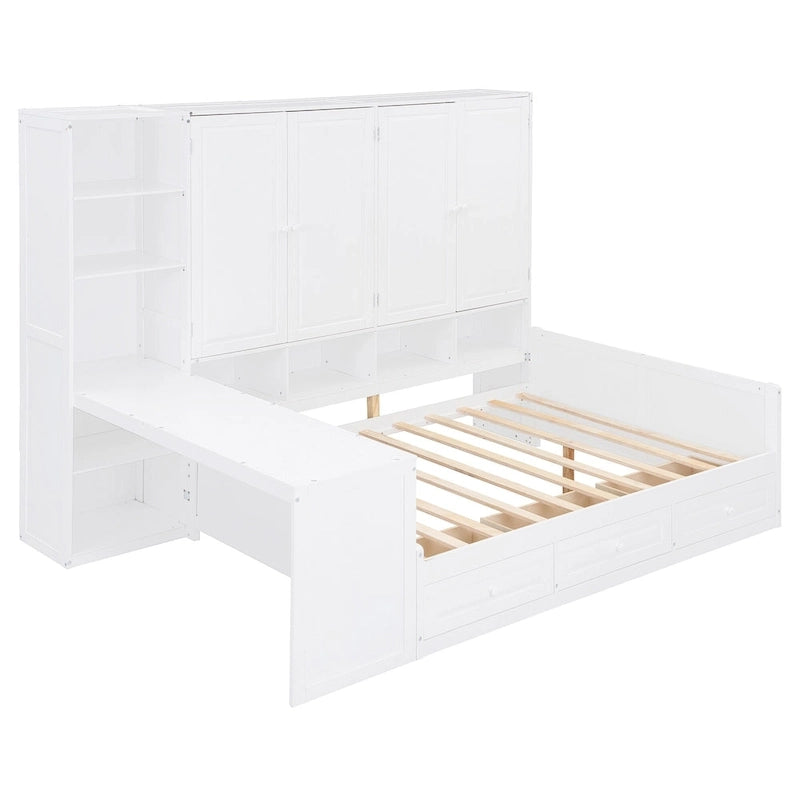 Struttura per letto a giorno in legno con libreria all-in-one, letto a capitano con armadio contenitore, armadio, scrivania laterale e 3 cassetti inferiori