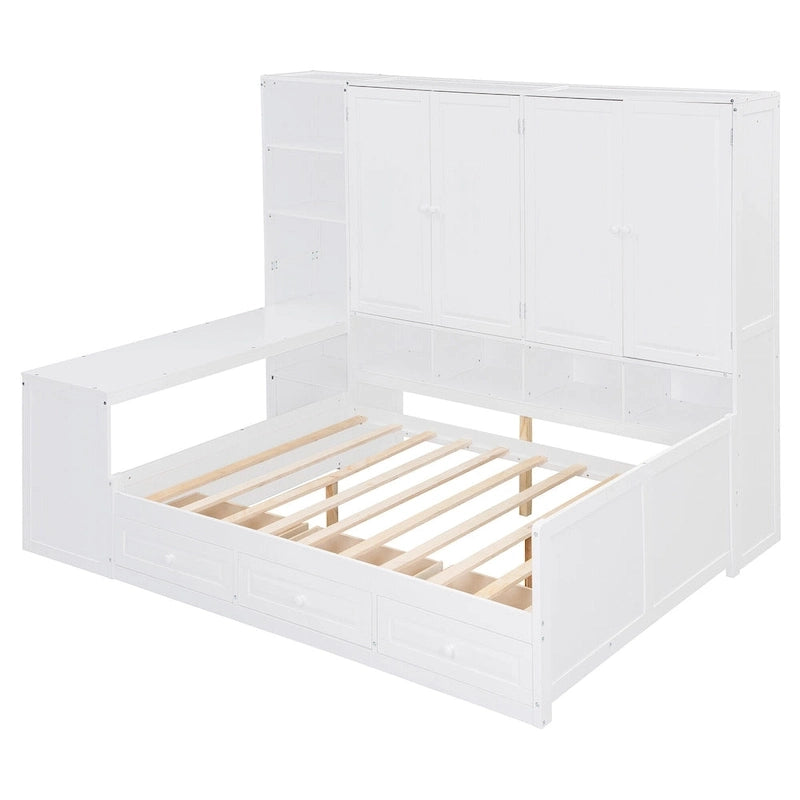 Struttura per letto a giorno in legno con libreria all-in-one, letto a capitano con armadio contenitore, armadio, scrivania laterale e 3 cassetti inferiori