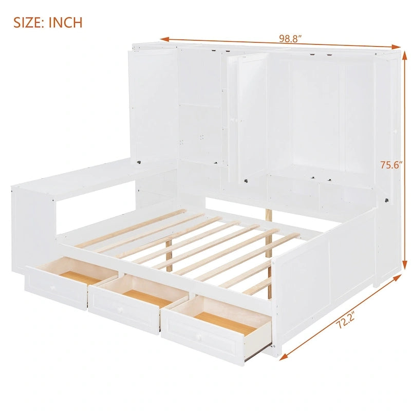 Struttura per letto a giorno in legno con libreria all-in-one, letto a capitano con armadio contenitore, armadio, scrivania laterale e 3 cassetti inferiori