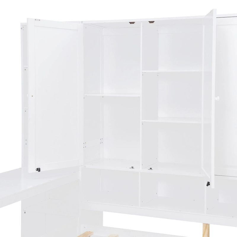 Struttura per letto a giorno in legno con libreria all-in-one, letto a capitano con armadio contenitore, armadio, scrivania laterale e 3 cassetti inferiori
