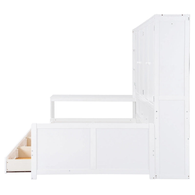Struttura per letto a giorno in legno con libreria all-in-one, letto a capitano con armadio contenitore, armadio, scrivania laterale e 3 cassetti inferiori