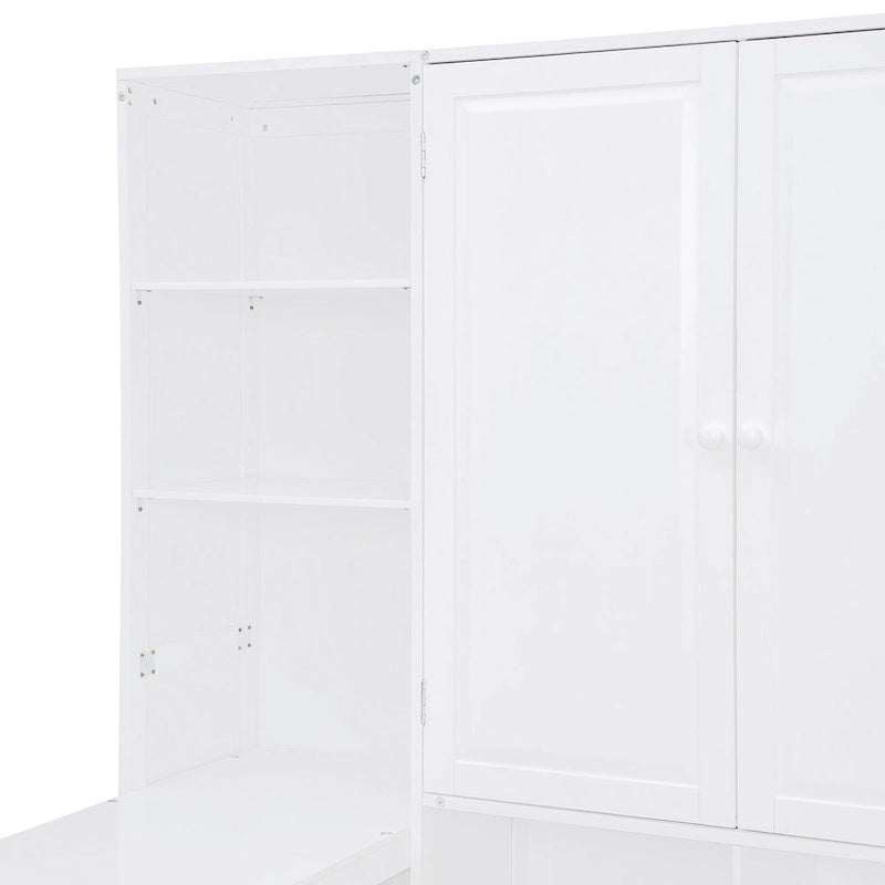 Struttura per letto a giorno in legno con libreria all-in-one, letto a capitano con armadio contenitore, armadio, scrivania laterale e 3 cassetti inferiori