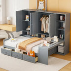 Struttura per letto a giorno in legno con libreria all-in-one, letto a capitano con armadio contenitore, armadio, scrivania laterale e 3 cassetti inferiori