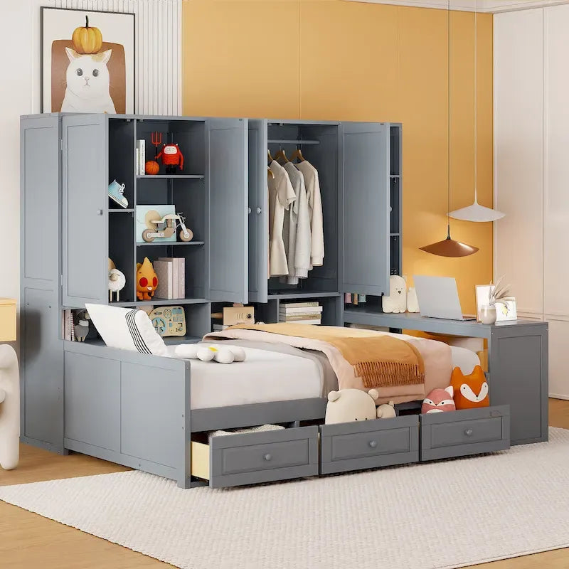 Struttura per letto a giorno in legno con libreria all-in-one, letto a capitano con armadio contenitore, armadio, scrivania laterale e 3 cassetti inferiori