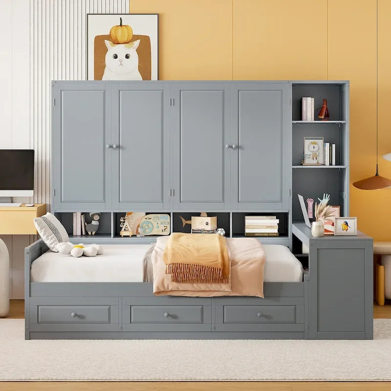Struttura per letto a giorno in legno con libreria all-in-one, letto a capitano con armadio contenitore, armadio, scrivania laterale e 3 cassetti inferiori