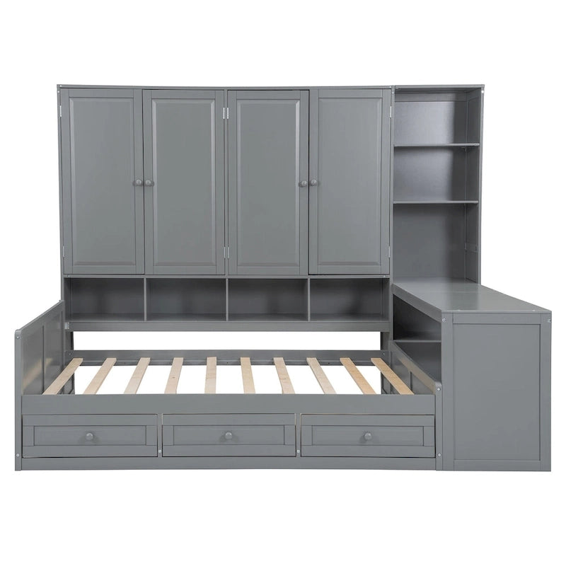 Struttura per letto a giorno in legno con libreria all-in-one, letto a capitano con armadio contenitore, armadio, scrivania laterale e 3 cassetti inferiori