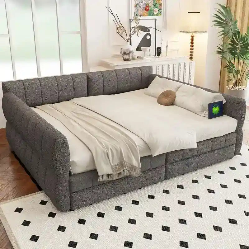 Letto a divano imbottito Queen Size con 2 cassetti portaoggetti, divano letto moderno con porta USB e bracciolo