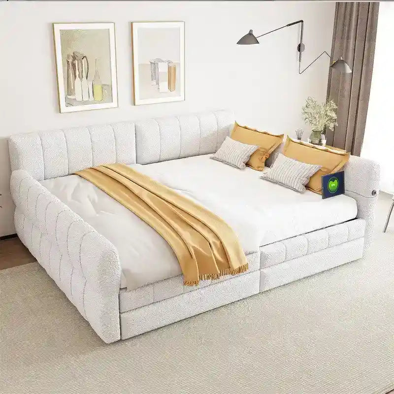 Letto a divano imbottito Queen Size con 2 cassetti portaoggetti, divano letto moderno con porta USB e bracciolo