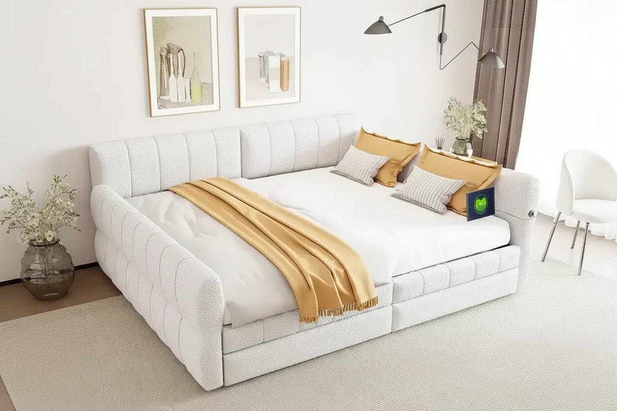 Queen Size Upholstered Daybed with 2 Storage Drawers, Modern Daybed Frame Sofa Bed with USB Port and Armrest