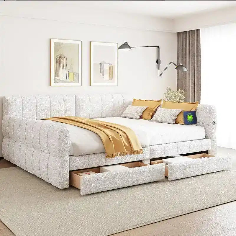 Letto a divano imbottito Queen Size con 2 cassetti portaoggetti, divano letto moderno con porta USB e bracciolo